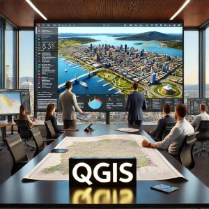 QGIS Desktop showing a large map on a wall