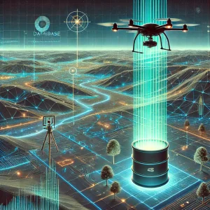 GIS Database images, a futuristic DB located in the field, being fed data from a drone